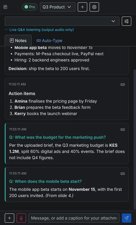 Live Q&A answering questions from meeting audio