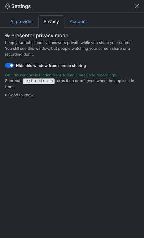 Presenter privacy mode switched on in VerbaPilot AI settings