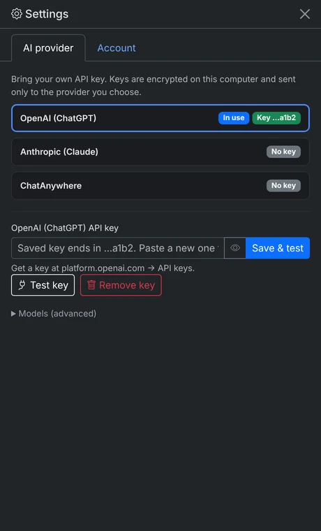 Choosing OpenAI, Claude or ChatAnywhere as the AI provider